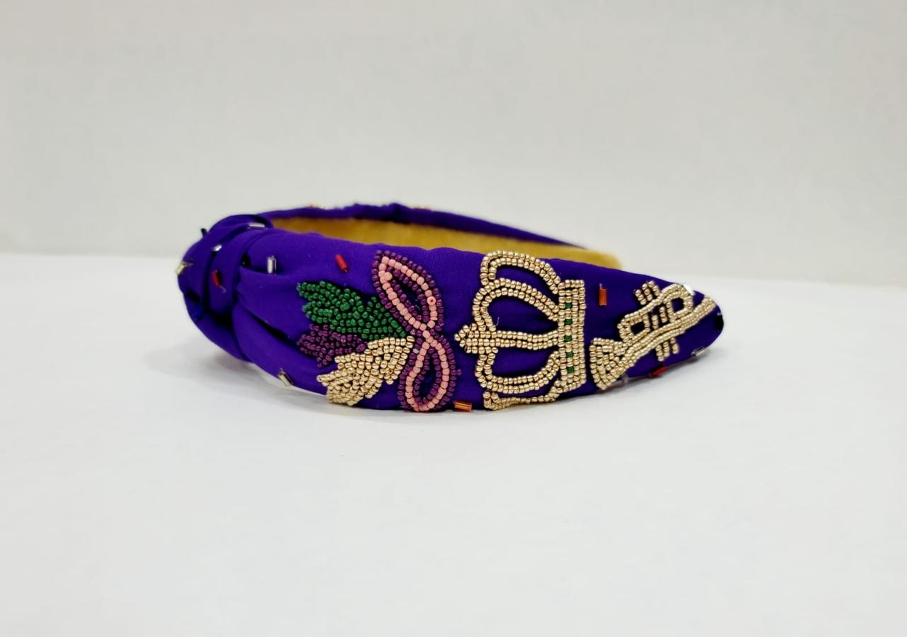 Mardi Gras Purple Beaded Headband with Crown, Mask & Trumpet