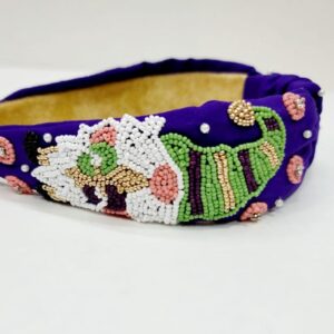 Mardi Gras Purple Beaded Headband with Green Cap Design