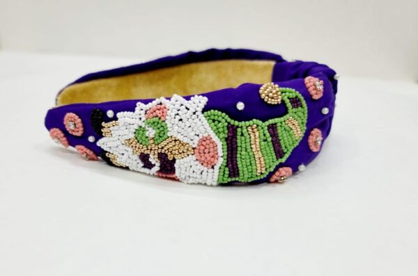 Mardi Gras Purple Beaded Headband with Green Cap Design