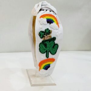 St. Patrick’s White Headband with Green Leaf and Rainbow Crown