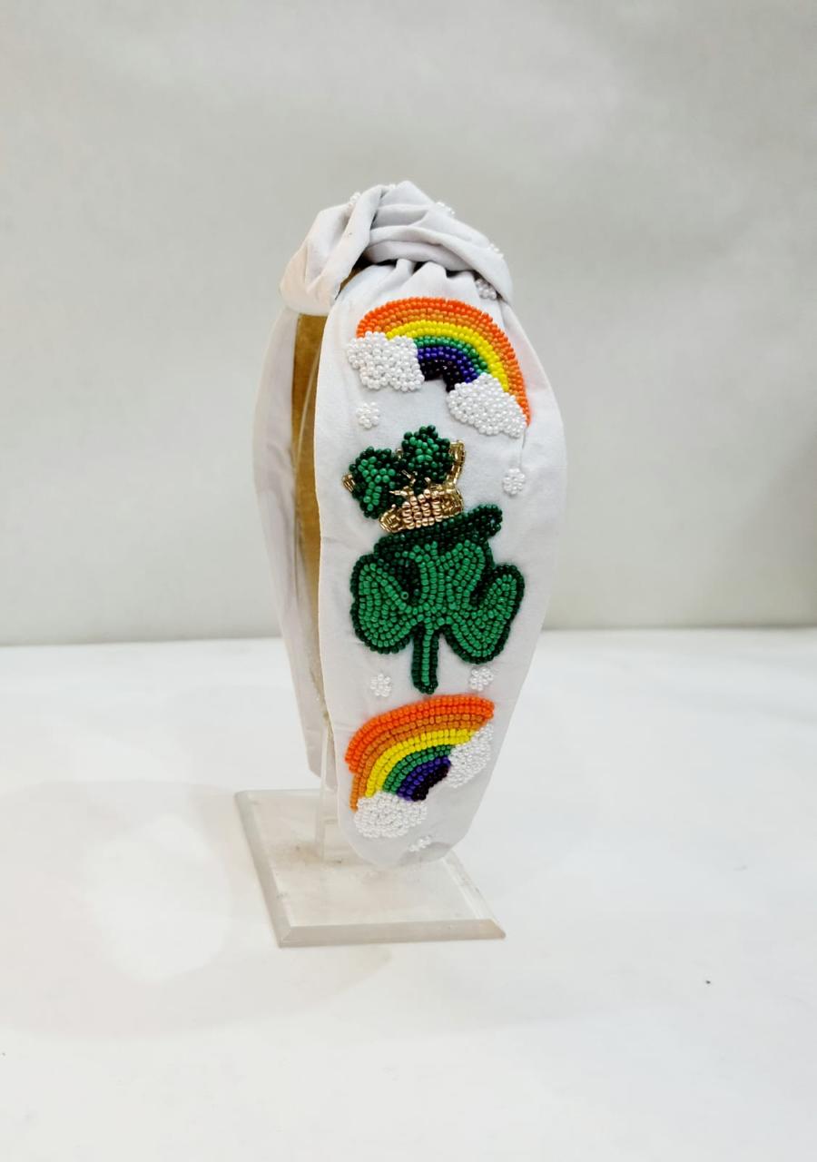 St. Patrick’s White Headband with Green Leaf and Rainbow Crown