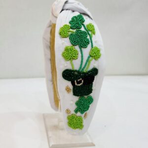 St. Patrick’s White Headband with Green Leaf in Flower Pot Design