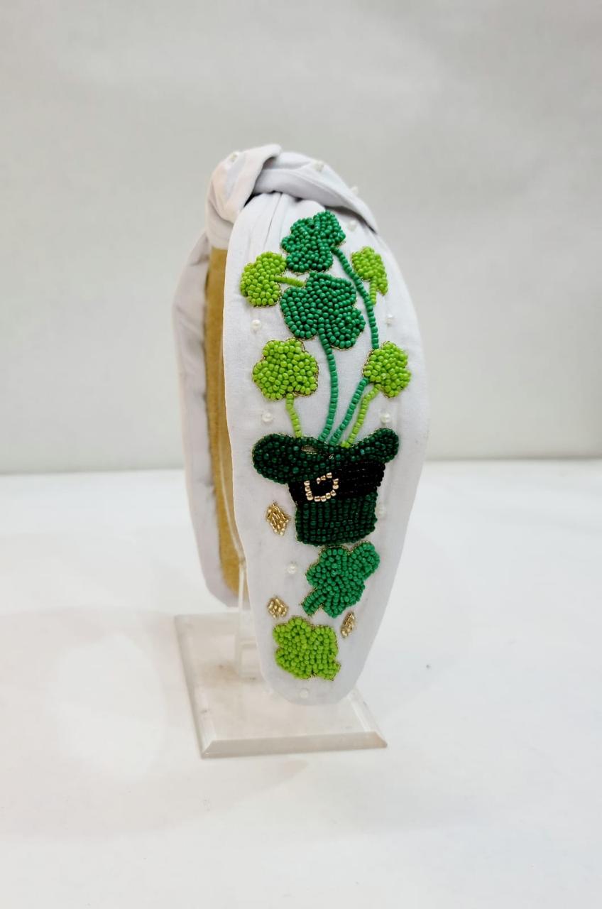 St. Patrick’s White Headband with Green Leaf in Flower Pot Design