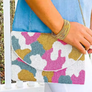 Pink-Camo-Seed-Beaded-Chain-Clutch