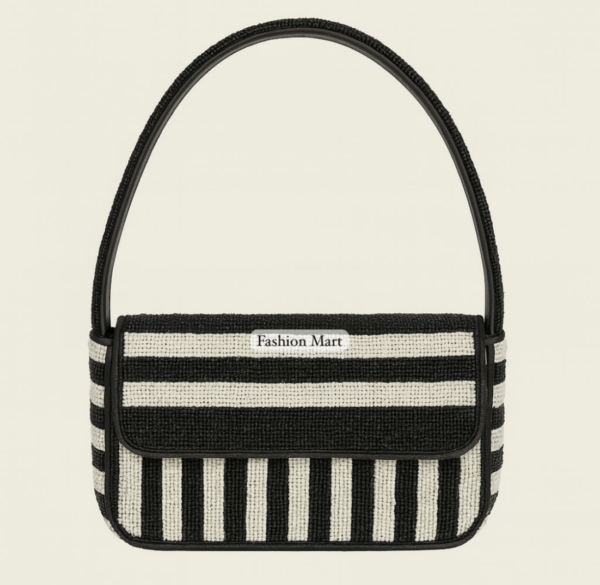 Beaded-Black-And-White-Striped-Shoulder-Bag